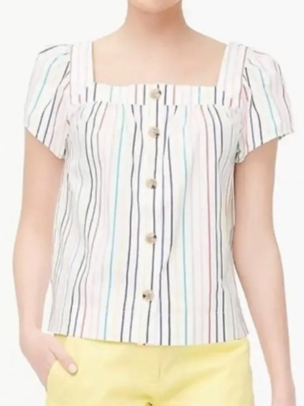 J. Crew Rainbow Striped Button Front Cotton Poplin Square Neck Top White Blouse